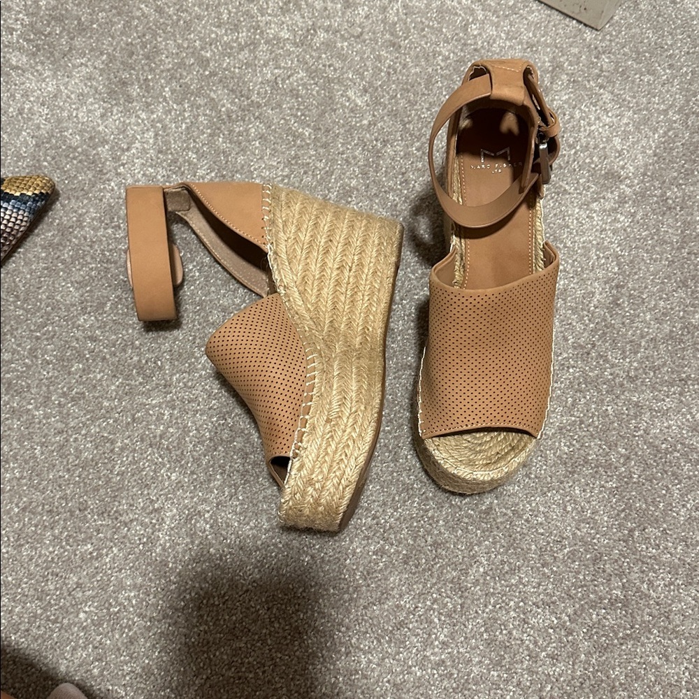 Marc Fisher Tan Wedge Sandals with Ankle Strap
